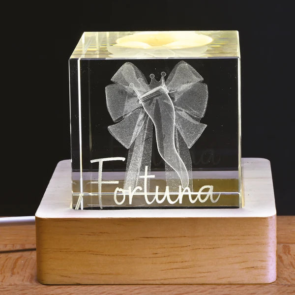 CUBO VETRO CON BASE IN LEGNO E LED “FORTUNA”